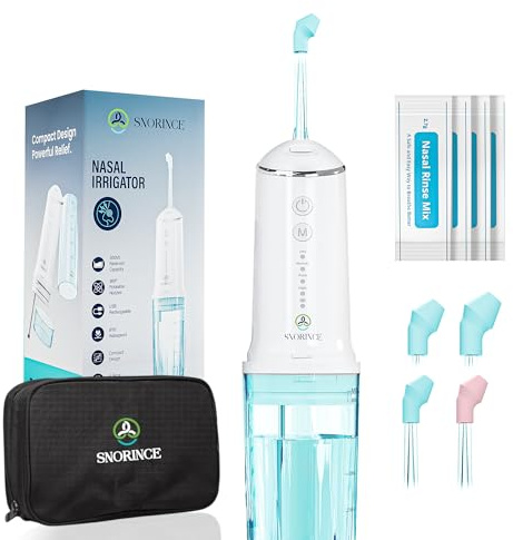 Nasal Irrigation System for Sinus Relief - Portable Cordless Electric Neti Pot Nose Cleaner - Sinus Flush Kit for Adults & Kids, Home & Travel with 4 Rinse Modes, 4 Nozzles, 40 Salt Packs with Bags