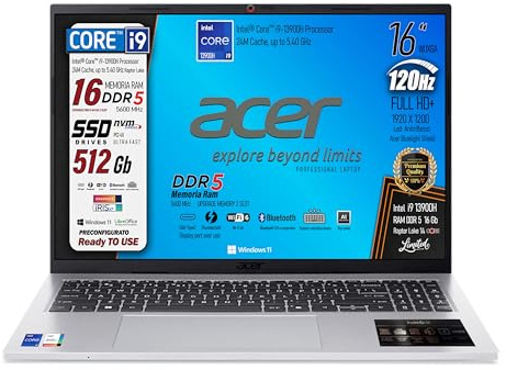 Acer Notebook Intel Core i9 13900H, 16 WUXGA 120Hz FHD+ | DDR5 RAM 16GB 5600 MHz, SSD PCIe NVMe 512GB, 4 USB, Tastiera Retroilluminata, Wi-Fi 6, Display port, Win11, Ready to Use