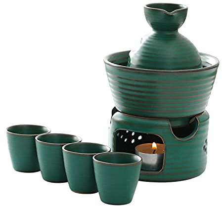 ZXBAODAN 7 Pieces Japanese Sake Set with Warmer Pot and Candle Stove, Ceramic Malachite Green Glaze Wine Glasses Set for Cold Sake, Warm Sake, Shochu and Tea