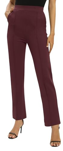 EXCHIC Donne Ufficio Casual Elastico Alta Vita Gamba Dritta Pantaloni con Tasche(S, Vino Rosso)