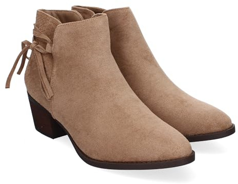 shoes&blues.es 86653 Botines de Tacon para Mujer, Comodos y Elegantes con Detalle de Flecos, Punta Redonda y Cierre de Cremallera Lateral, Ideales para Otono-Invierno. Kaki Talla 39