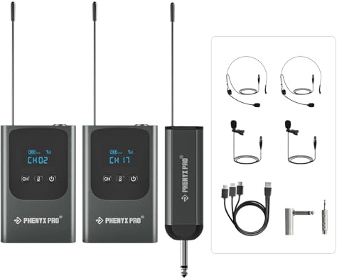 Phenyx Pro Sistema de micrófono inalámbrico digital dual, mini receptor portátil, frecuencias UHF 2x15, 2 transmisores de cuerpo, micrófono de auriculares/solapa para cantar, karaoke (PDP-2-2B)