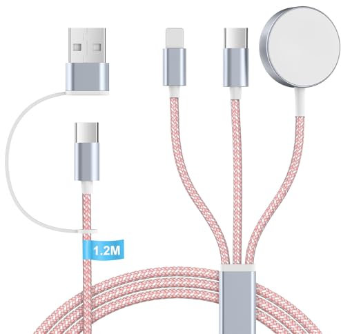 Ladekabel für Apple Watch und iPhone Ladegerät - 3 in 2 Charging Kabel Ladestation für iWatch Serien, 120cm USB C SchnellLadekabel für iPhone 15/14/13/12/11/iPad/AirPods, (Rosa)