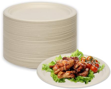 LDFDRT Pappteller 100 Stück Einweggeschirr Zuckerrohr Partyteller Biologisch Abbaubare Zuckerrohrfaser Rund Geschirr Zuckerrohrteller (natürlich, 17,8 cm)