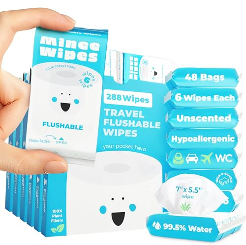 Impossibly Compact Travel Flushable Wipes - 99.5% Water and Aloe - Safe for Sensitive Skin - Travel Essentials for Adults, Kids & Babycare, Unscented, 48 Pack 288 Wipes