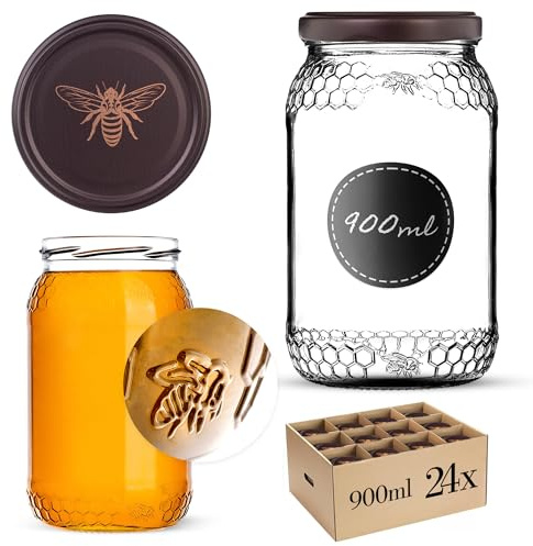 KADAX 24er Set Einmachgläser 900ml TO82 Goldbiene, Große Sturzgläser mit Schraubdeckel, Einkochgläser Fermentierglas für Gurken, Gemüse, Sauerteig