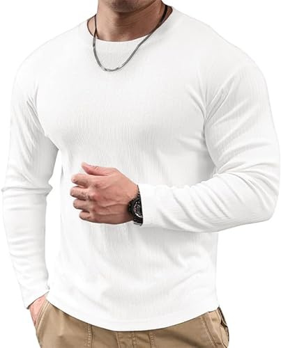 Elegancity Herren Muscle T-Shirts Weiß Langarm Basic O-Ausschnitt Tee Shirt Pullover Slim Fit Funktionsshirts Für Vier Jahreszeiten Tragen L