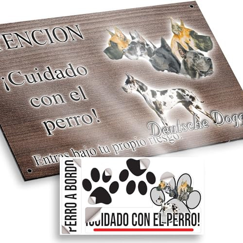 Dogo Alemán Cartel Cuidado Perro Peligroso 20x12,5cm - Diseño Madera Marrón Dibond con Pegatina Coche 20x5cm