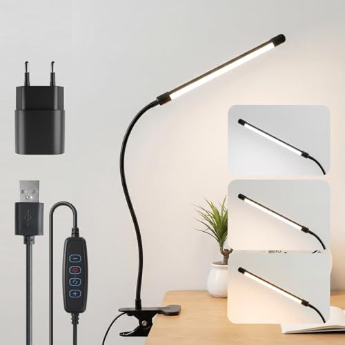 LQWELL Schreibtischlampe Klemmbar, Leselampe Bett Klemme, Schwanenhals 3 Farbwechsel & 10 Helligkeit, Röhrenförmige Ultrafein Klemmleuchte Schwarz mit USB Netzkabel, 1 Stecker