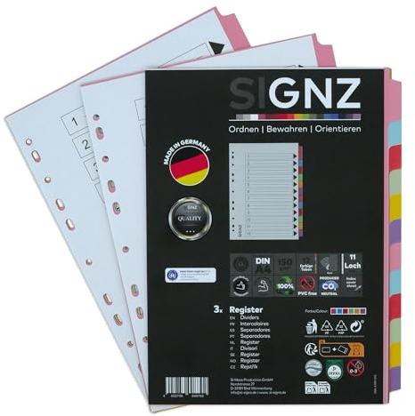 SIGNZ Register A4 aus Recycling-Karton, 12 - teilig, farbig, 3 Stück, extra starke Trennblätter, CO2-neutral hergestellt, made in Germany