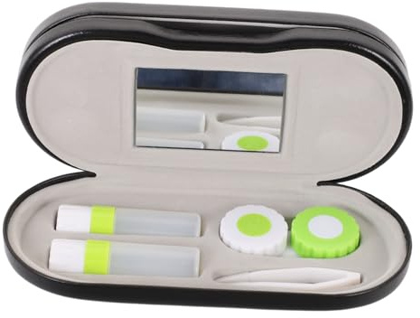 Mikinona 2 in 1 Double Sided Eyeglass and Optical Lens Case with Built-in Mirror, Tweezer, Solution Bottle, and Soft Inner Lining for Home and Travel Black
