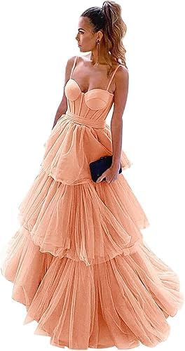 Abiti da ballo in tulle con ruches, fiocco lungo, spalline sottili, abiti da festa, linea svasata, corsetto, abito da sera formale a strati, Pesca, M
