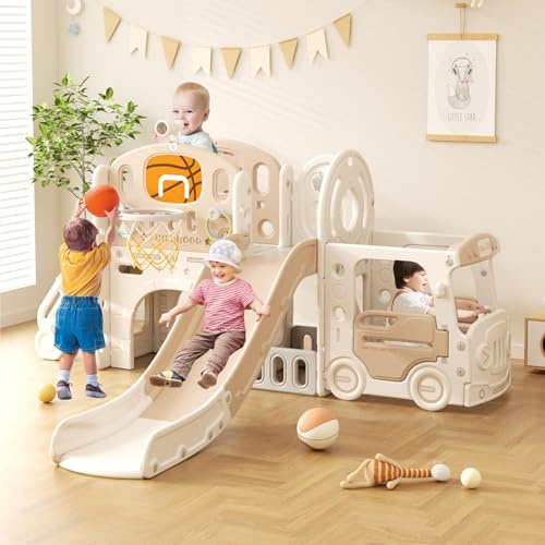 Lnhcrbs Kinderrutsche, Rutsche mit Kletterleiter, Basketballkorb, Lokomotive, Fernglas, Trompete, die Rutsche Ist Sowohl für Draußen Als Auch für Drinnen Geeignet，Materielle Sicherheit