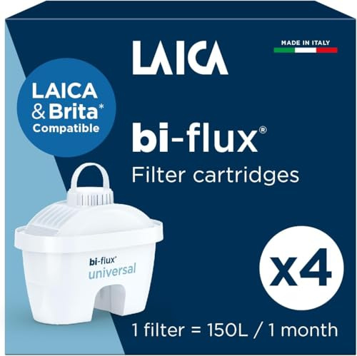 LAICA bi-Flux Water Filter Cartridges 4pk - Fits Brita Jugs* - Preserves Magensium, Calcium & Other Minerals, Reduces Chlorine, Limescale & Heavy Metals - Made & Sterilised in Italy