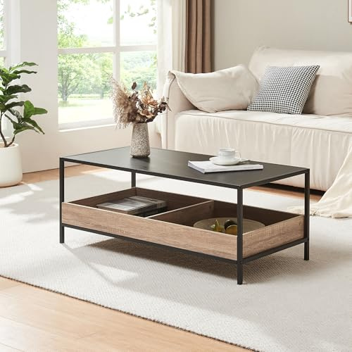 [en.casa] Tavolino da Caffè con 2 Scomparti Aperti Tavolo Basso Centrale da Salotto con Vani Portaoggetti 100 x 48 x 39 cm per Soggiorno - Nero/Effetto Rovere