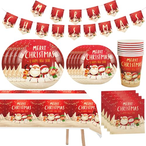 Christmas Party Tableware Set,Xmas Themed Tableware Set,Christmas Supplies,Includes Banner Tablecloth Plates Napkins and Paper Cups for Xmas Table Decorations,Santa Claus and Snowman Pattern,54PCS