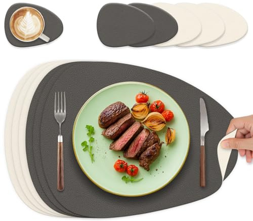 HELI MIAO Tischsets Abwaschbar 6er Set - Doppelseitige Platzsets & Untersetzer aus Lederoptik, rutschfeste & wasserdichte Tischunterlage für Esstisch und Familie - Oval int Grau+Beige