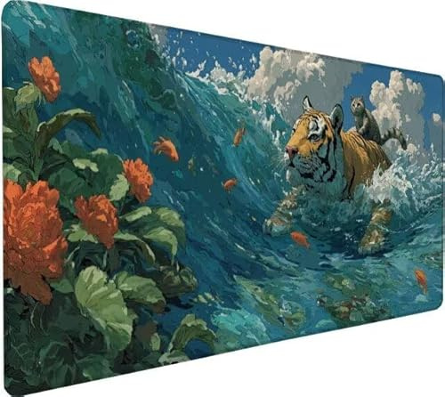 Alfombrilla Ratón XXL 1200x600x3mm, Mousepad Gato,Tigre Gaming Mouse Pad Impermeable, Bordes Cosidos, Grande Mousepad con Base de Goma Antideslizante para Accesorios Escritorio, Regalos Hombres I-7T44