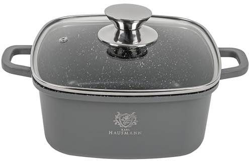 KARL HAUSMANN Cacerola Inducción 20 cm 2.3 L Antiadherente, GRANT | Olla de aluminio antiadherente PFLUON COOKMARK MARBLE, con tapa, para cocinas de inducción y horno hasta 220°C