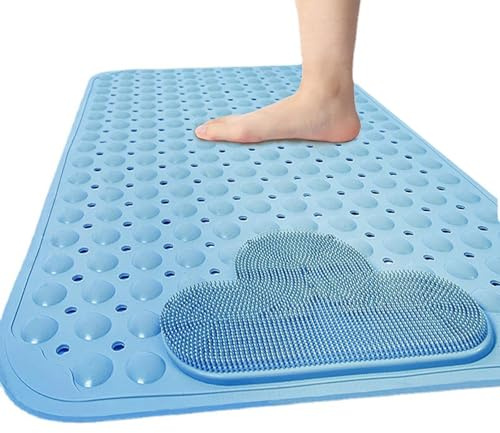 Bath and Shower Safety Mats with Foot Massage,Large Foot Scrubber Mat in Shower,Non Slip with Suction Cups for Bathroom Stall and Tub Floor,Foot Clean and Massage Feet Without Bending Over (Blue)
