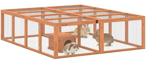 PawHut Freilaufgehege Kaninchenstall mit 2 Türen 180,4 x 150 x 48 cm Orange | Aus Holz, Hasenstall mit Unterschlupfhaus, Für 2-4 Zwergkaninchen Zwergmeerschweinchen Enten