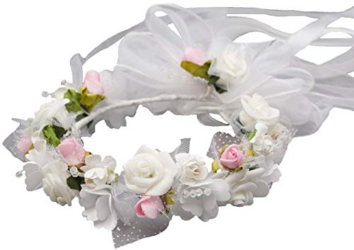 Mädchen Damen Duttring Dutt Blumekranz Kopfschmuck Haarschmuck Kommunion Hochzeit Konfirmation Blumenmädchen Brautjungfer Blumenring mit Schleifen weiß rosa Größe one size