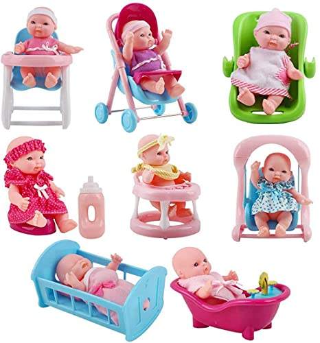 deAO 8 Stück Mini-Babypuppe mit Zubehör, Reborn Puppen Spielset mit Puppenwagen, Badespielzeug, Puppenbett, Schaukelstuhl und Flasche, Realistische Babypuppes, Geschenk für Mädchen Jungen ab 3 Jahren
