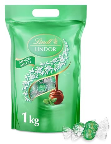 Lindt LINDOR, Minze Milch Schokolade Kugeln Beutel, 1kg Beutel wiederverschließbar, ca. 80 Kugeln, Großpackung, Pralinen-Geschenk, Schokoladengeschenk