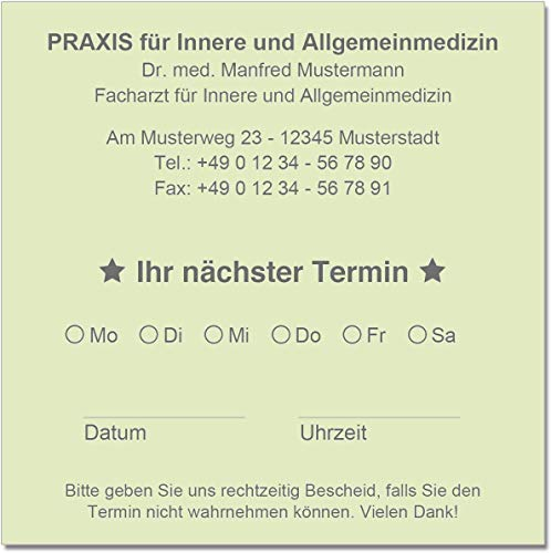 500 Terminzettel Terminkarten nächster Termin mit Ihrer Adresse personalisiert in praktischer Zettelbox mit Stiftehalter 10 x 10 cm (hellgrün)