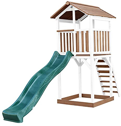 AXI Beach Tower Spielturm aus Holz in Braun & Weiß | Spielhaus für Kinder mit grüner Rutsche und Sandkasten | Stelzenhaus für den Garten