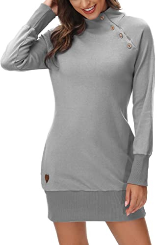 DOTIN Femme Sweat à Capuche Longue Pull Femme à Col Roulé Longue Robe Pull Chic, Gris, S