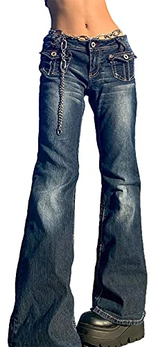 Madger Pantalones de mezclilla vintage para mujer, rectos, pierna ancha, acampanados, Y2K, Indie Demin, estilo cargo, pantalones de cintura baja, ropa de calle, Z-azul, L