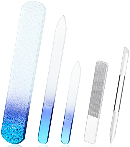 Lanties 5-teiliges Glas-Nagelfeilen-Set, Hornhautentferner, Fußraspel, Maniküre-Werkzeug, inklusive 2 Kristallglasnägeln und 1 Fußfeile, 1 Nagelhautschieber, 1 Nano-Glanz-Puffer-Polierer für Schönheit