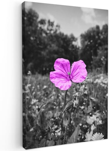 MuchoWow Leinwand Bilder, Einzigartige Wanddeko mit Rahmen, Blumen - Flieder - Schwarz - Weiß, Wandbilder Wohnzimmer, Deko Schlafzimmer 60x90 cm