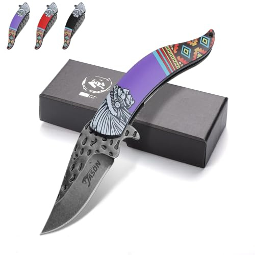 JASON Lila Couteau de poche pliant avec lame forgée, couteau pliant pour camping et aventure en plein air, livré avec boîte cadeau