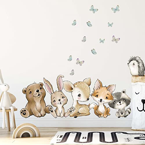 WANDKIND Waldtiere Wandtattoo Kinderzimmer V372 | handgezeichnet | AUFKLEBER Kindergarten | Babyzimmer Wandsticker Dschungel mit Bär Igel Reh Waschbär Fuchs Hase (100 x 100 cm)