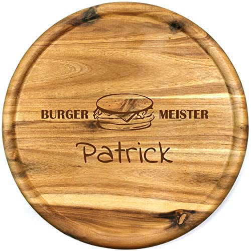 Burger-Teller mit Gravur (Namen) personalisiertes Servier-Brett, Holz Teller 32 cm - witzige Geschenk-Idee für Männer und Frauen zum Geburtstag, zum Grill-Fest, BBQ, Akazienholz, Hamburger MotivS17