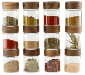 Little Crafts London Acacia Glass Spice Jars 180 ML - Borosilicate Glass | FBA FREE | Spice Jar Set with Air Tight Lid | Screw cap spice jars | Spice Storage | Glass Spice Jars (Set of 6)