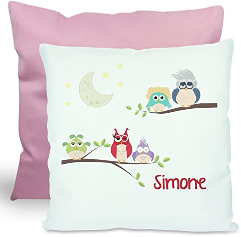 CreaDesign, Kinder Kissen 40x40 cm personalisiert mit Namen, Kinderzimmer Deko Kissen Kinder mit Füllung Federn, Motiv Eulen, Rückenfarbe Rosa