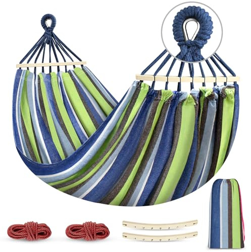 MOSFiATA Hamaca Colgante Tela con Travesaños de Madera, Correas y Bolsa de Transporte para Jardin Balcón Camping Exterior
