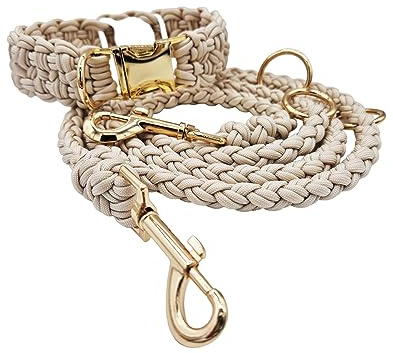 GPS-Tracker - Hundehalsband und Leine Set, Optional mit versteckter AirTag-Halterung, Verstellbar, Geflochten aus Paracord, Beige und Gold (XL (Leine: 240cm))
