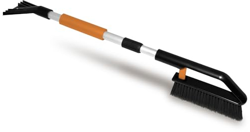 ToM PaR Cepillo y Rascador de Hielo | 2 en 1 | Palo Telescópico Extensible | Ergonómico, Agarre Suave | Escoba-rasqueta de Limpieza para Coche de Nieve | Longitud: 82-110 cm | Naranja