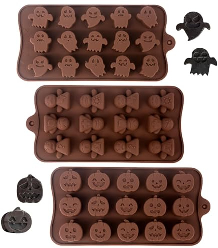 GWAWG Lot de 3 moules en silicone pour Halloween, citrouille et fantôme, 16 motifs différents, pour bonbons, chocolat, biscuits, gelée