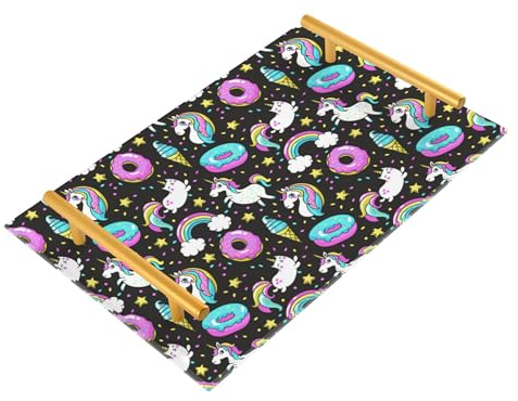 Unicorns Donut Rainbow Confetti Decorative Tray with Handles Large Serving Tray Beverage Tray for Jewelry Perfume Kitchen Farmhouse Square Serving
