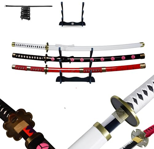 Hashiman - Triple Katana One Piece - Roronoa Zoro Shusui Wado Kitetsu - Trois Réplique Manga Sabre + Support d'Epée Bois + Triple Ceinture