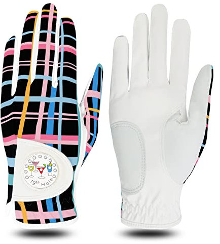 LOVMEAD Golf Handschuhe Frauen Linke rechte Hand Leder Mehrere Druckfarben und -Stile mit Ball Marker Value Pack, Farbiger Handschuh für Damen Rechte Linke Hand Golfer All Weather (Schwarz, M, Links)