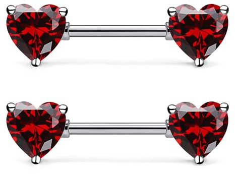 Gnznzko 14G Astm F136 Titanium Nipple Piercing Jewelry Heart Red CZ Nipple Barbell Jewelry Internally Threaded G23 Solid Titanium Nipple Piercing Barbell Rings Jewelry for Women Men 14 Gauge