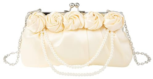 Abvokury Abendtasche aus Seide mit weißer Rose und Perlenkette, Abendtasche für Hochzeit, Party, Weiss/opulenter Garten