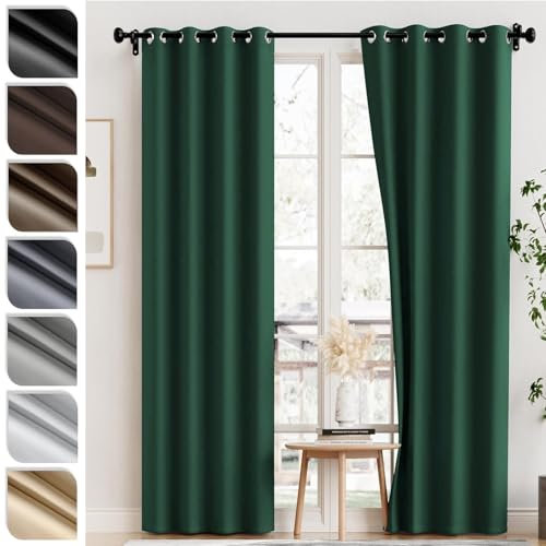 WUXXIANG Ösenvorhang 2Er Set Verdunklungsvorhänge 76 x 160 cm Größe Und Farbe Wählbar, Thermovorhang Hitzeschutz Blackout Curtains, mit Raffhalter für Küche Fensterdekoration, Dunkelgrün