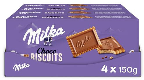 Milka Biscotti al Cioccolato al Latte, Set di 4 Scatole di Biscotti Ricoperti di Cioccolato al 48%, Confezione da 48 Biscotti totale, 600g